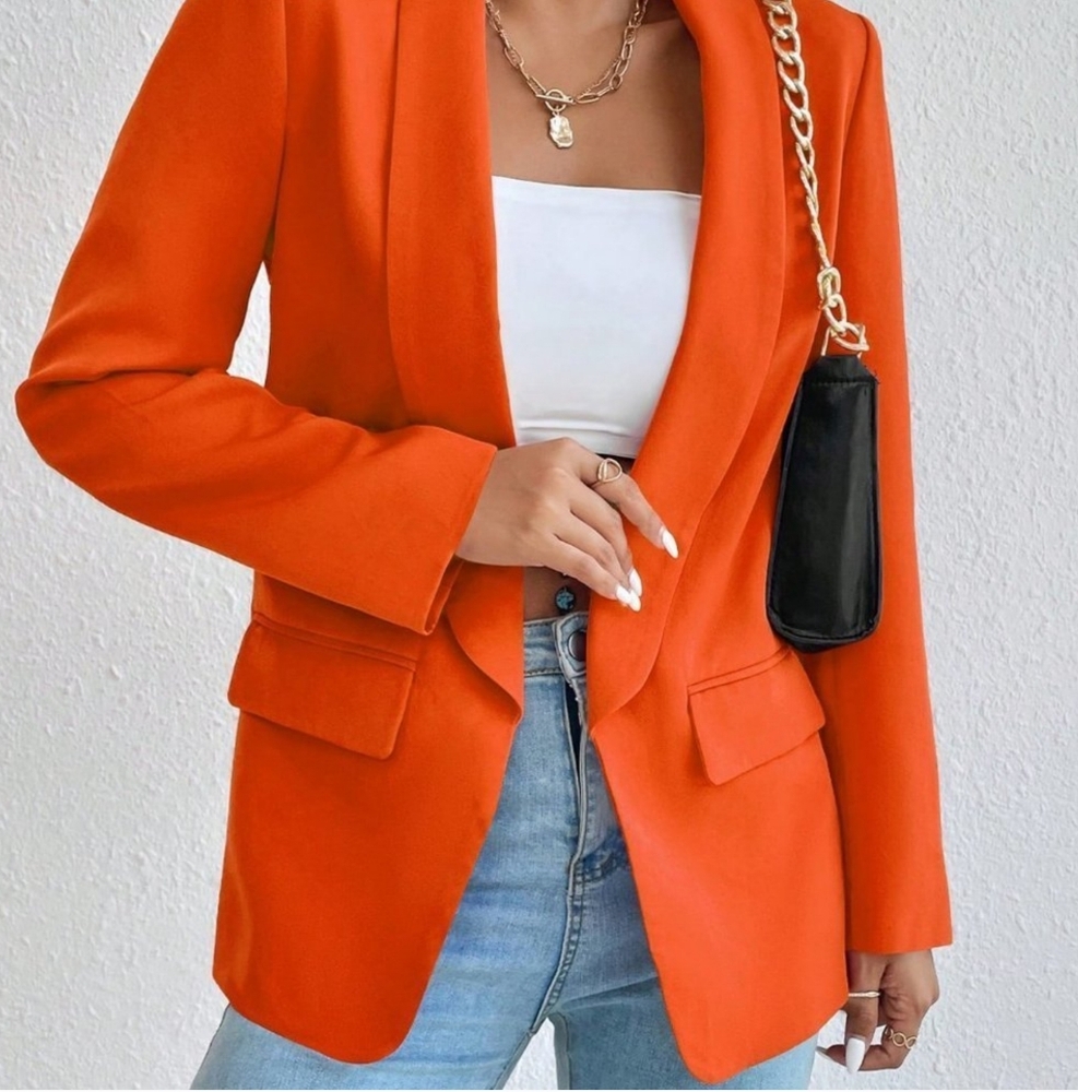 Orange Preppy Womens Solid Shawl Collar Blazer - Picture 3 of 5